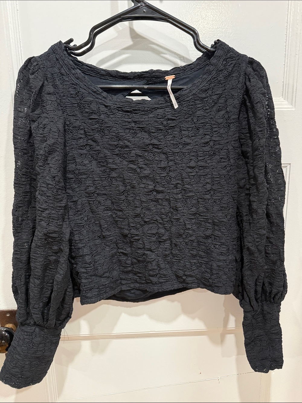 Free People Black Textured Puff-Sleeve Blouse